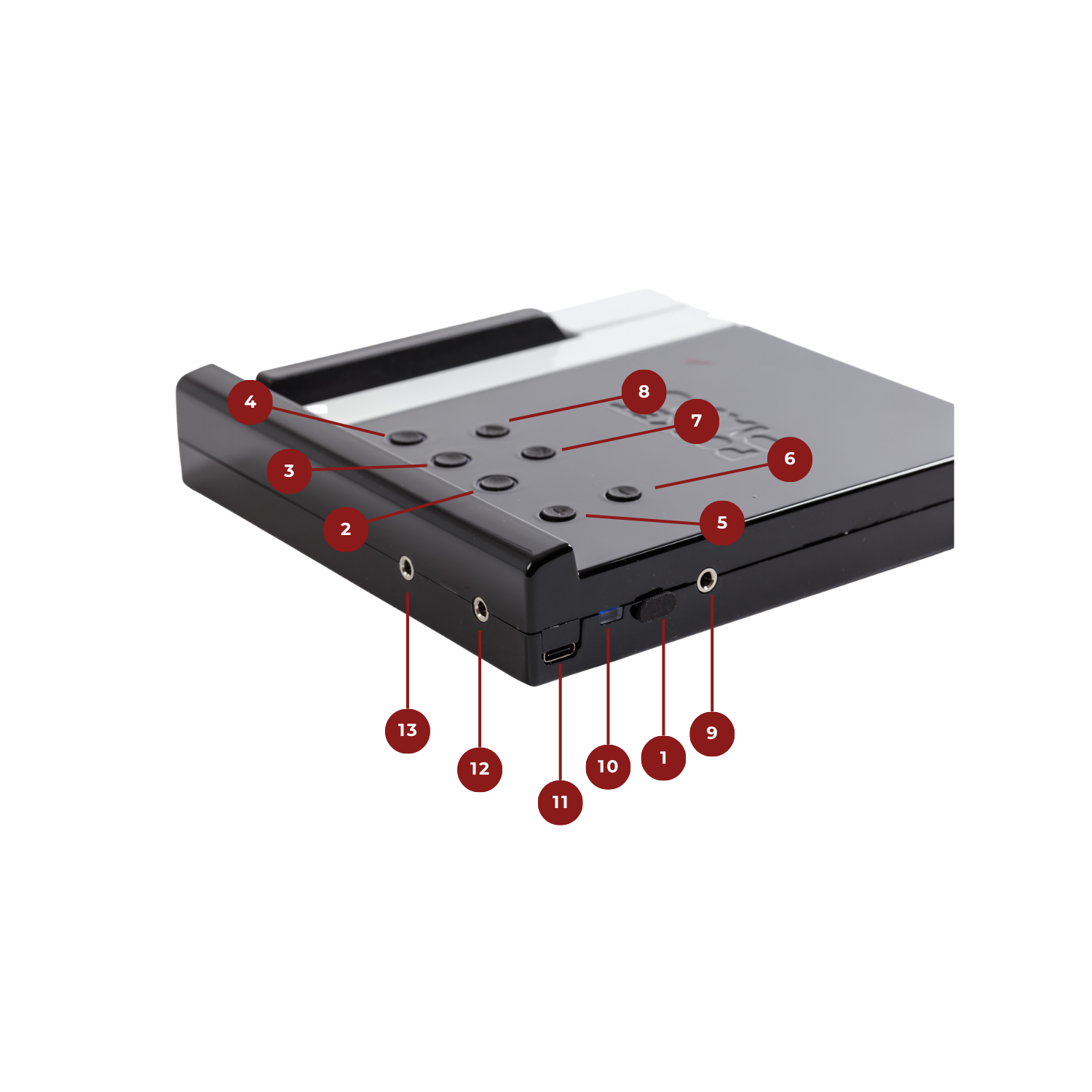 Pocket Piano V2ven main module controls diagram with 13 numbered buttons, connectors and indicators